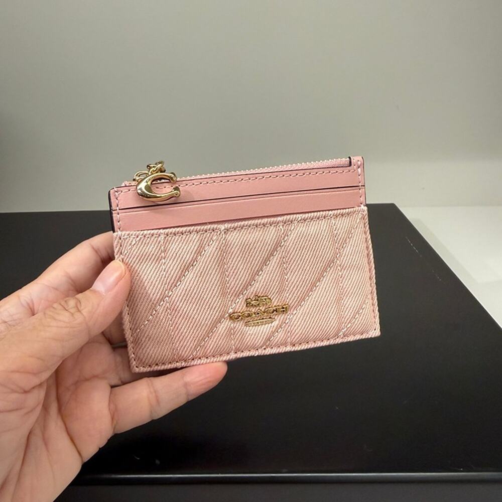 Coach Mini Skinny Id Case Loved Denim Quilting And Charm CFA30 Gold/Light Pink